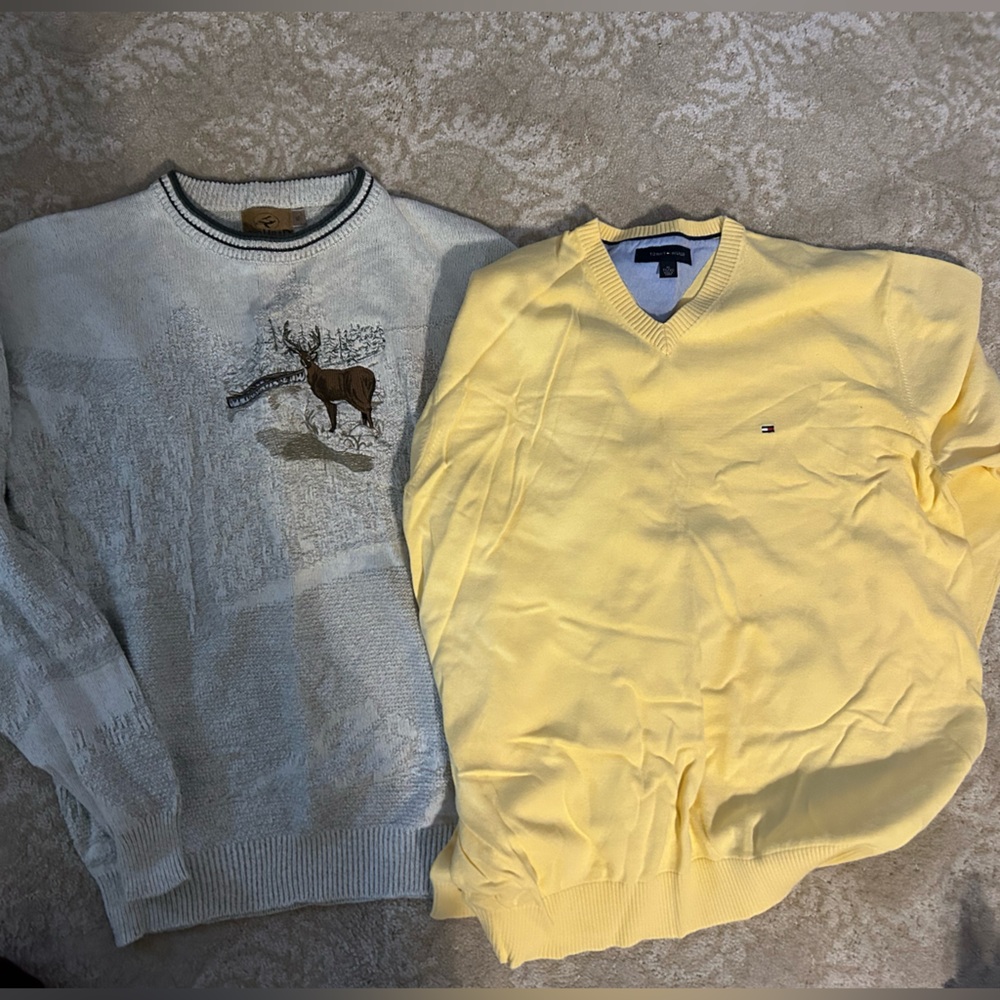 2 xl SOFT sweaters. 1 bright yellow. 1  embroidery deer scene. 2 for 1 price.